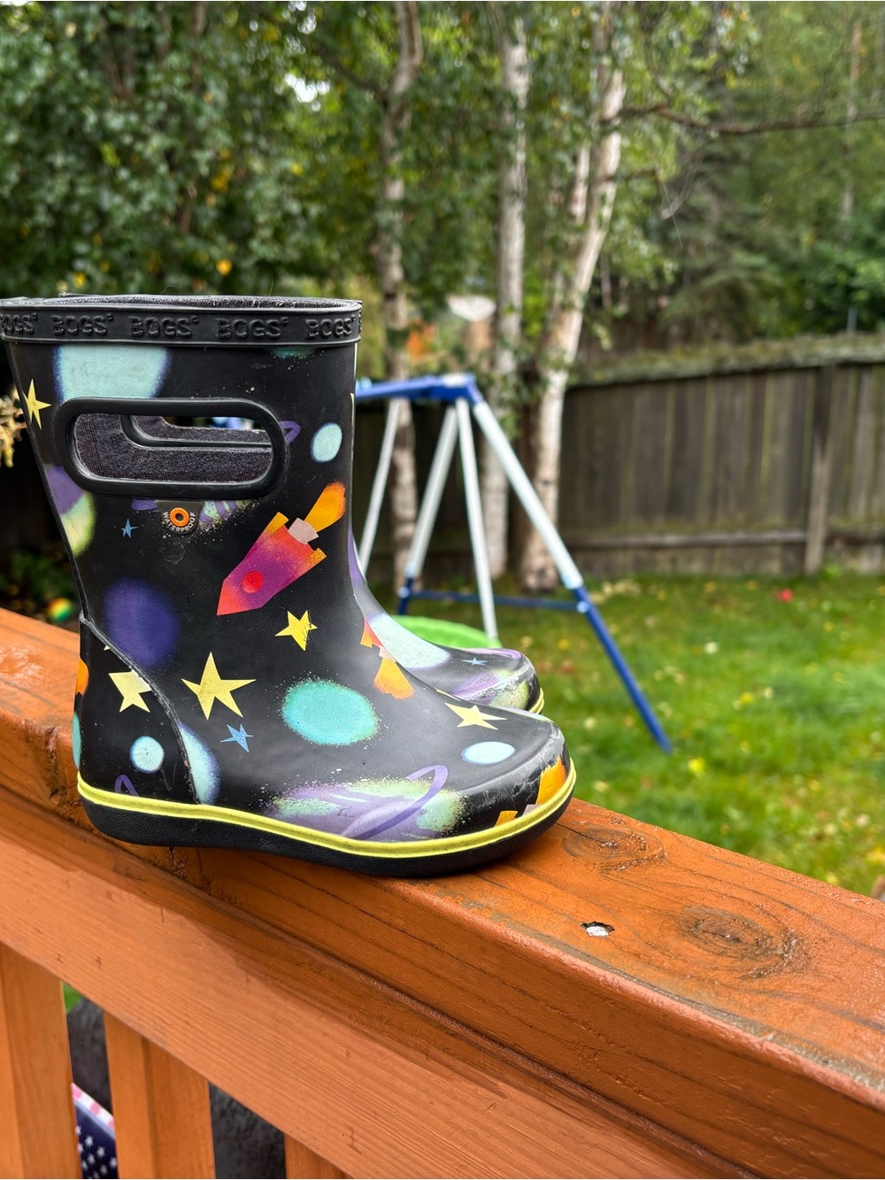 Bogs Kids Space Rocket Rain Boots - Black with Yellow & Purple Accents